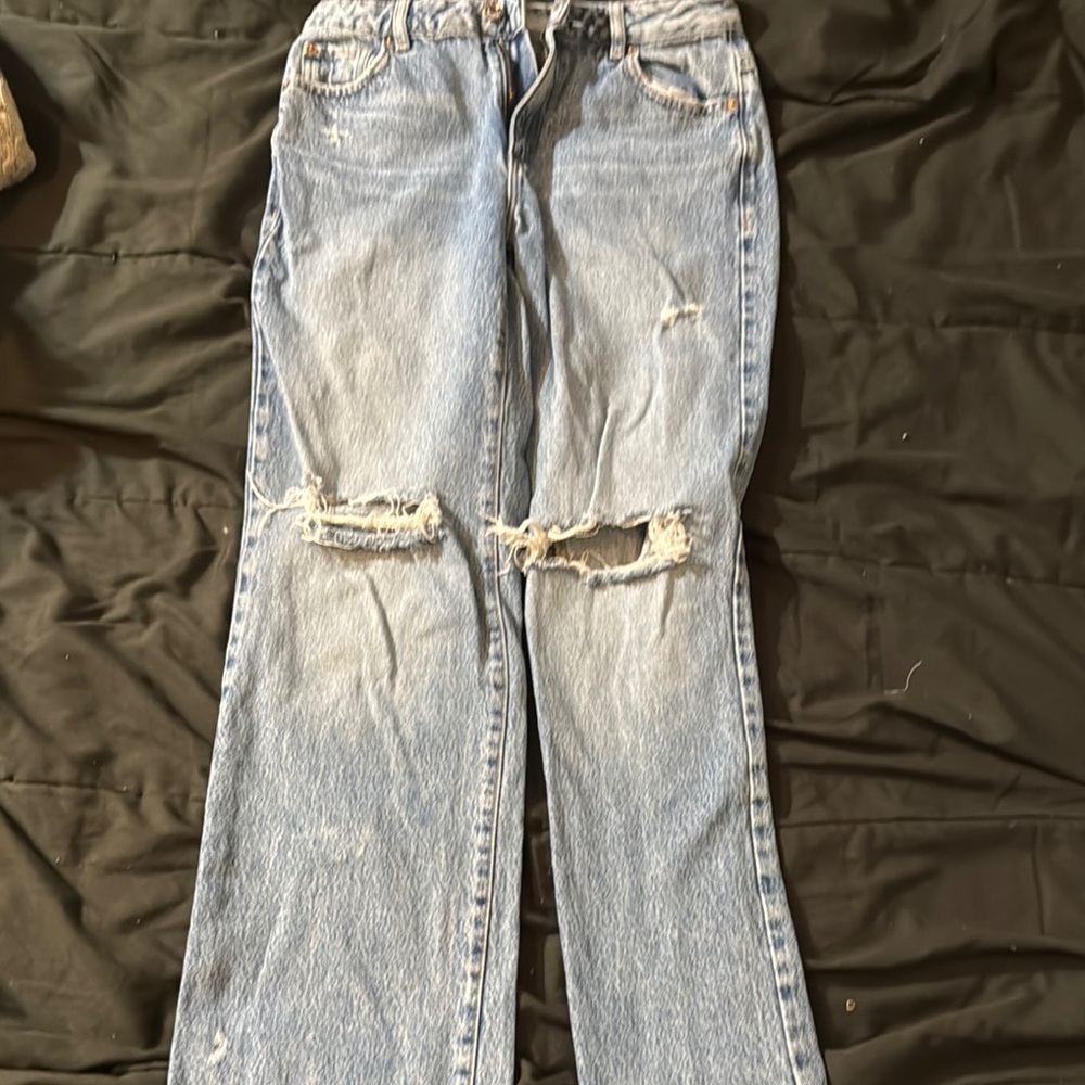 Garage Blue Straight Leg Jeans with Distressed Details